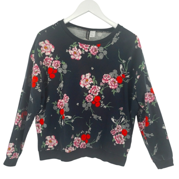 H&M Floral Sweatshirt Size XL in Black 100% Cotton - Picture 1 of 6